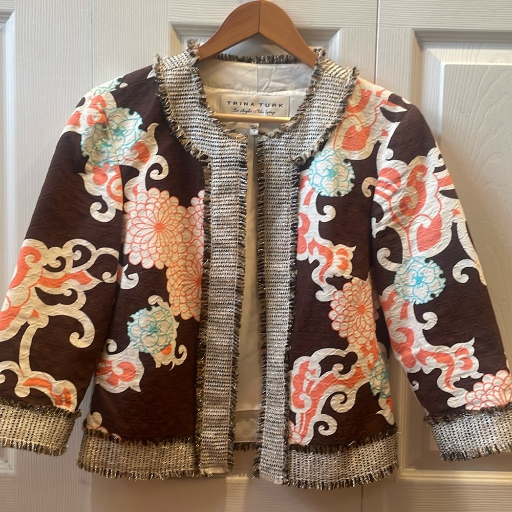 Fun Trina Turk floral spring coat - great fabric, trim! Cute with dress, jeans